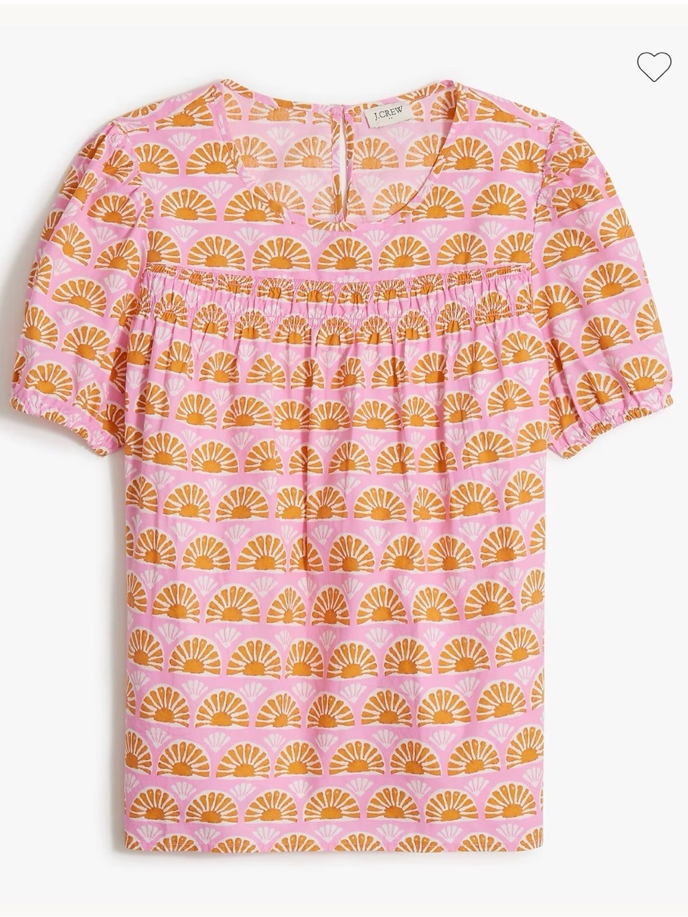 J. Crew Pink & Orange Fan-Print Smocked Yoke Short Sleeve Blouse